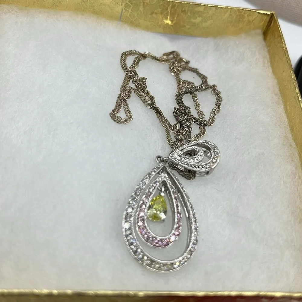 Vintage 925 Sterling Silver Teardrop Pendant Necklace with Peridot & Sapphire - Picture 8 of 13